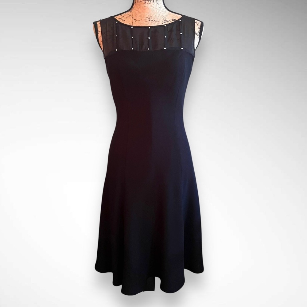 Evan Picone Black Sleeveless Midi Dress with Sheer Studded Yoke